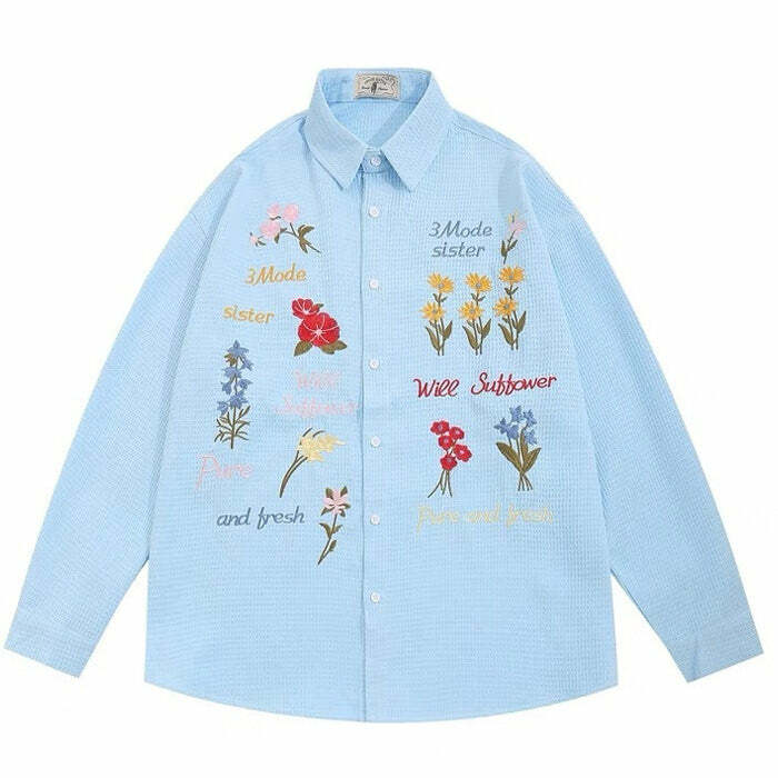 Y2K Fashion Wildflowers Embroidery Shirt - Trendy 2000s Style Top