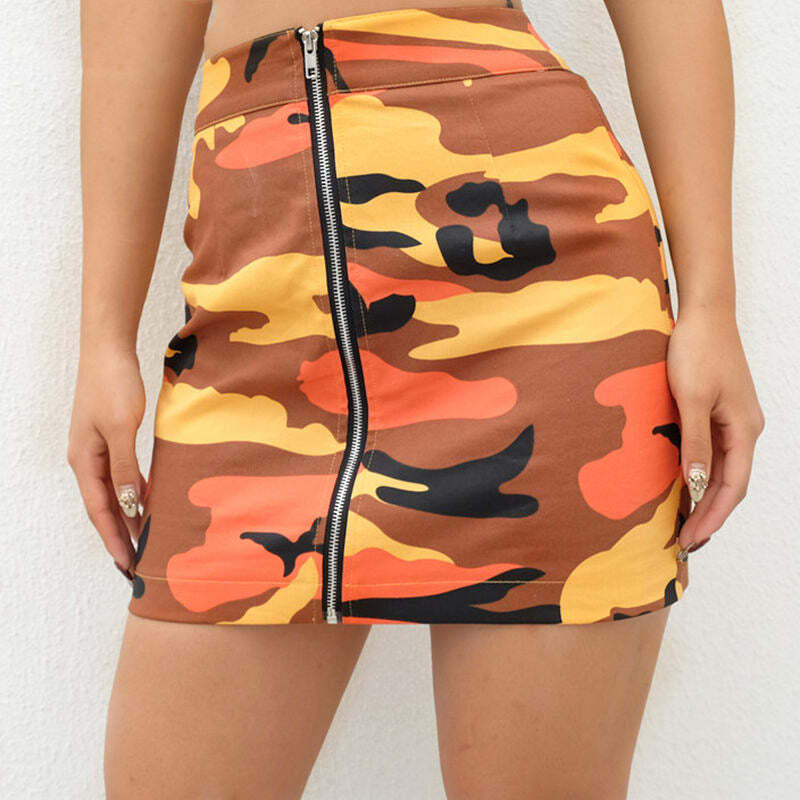 Y2K Fashion Zip-Front Camo Skirt - Trendy 2000s Style for Women