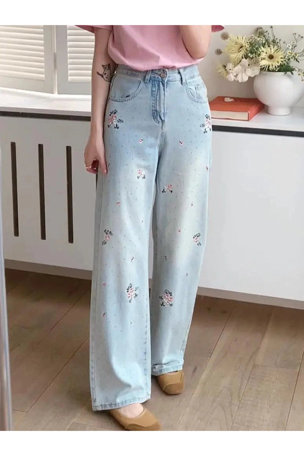 Y2K Floral Dream Wide-Leg Jeans - Embrace 2000s Fashion Aesthetic