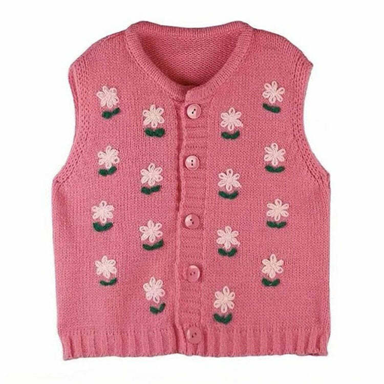 Y2K Floral Embroidered Knit Vest - Retro 2000s Aesthetic Clothing