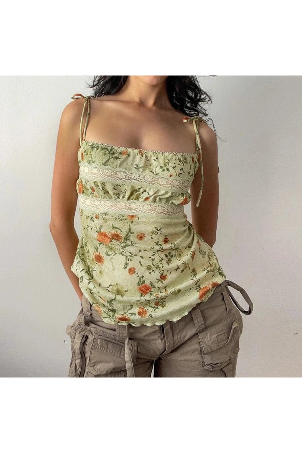 Y2K Floral Lace-Trim Cami Top - Trendy 2000s Style for Modern Fashionistas