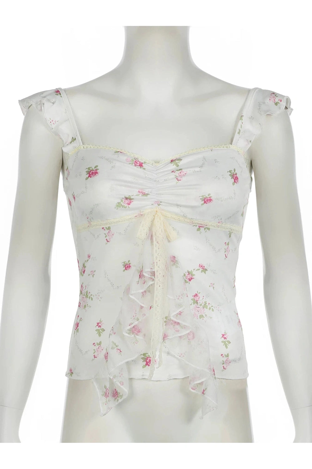 Y2K Floral Ruffle Strap Top - Trendy 2000s Style Aesthetic Clothing