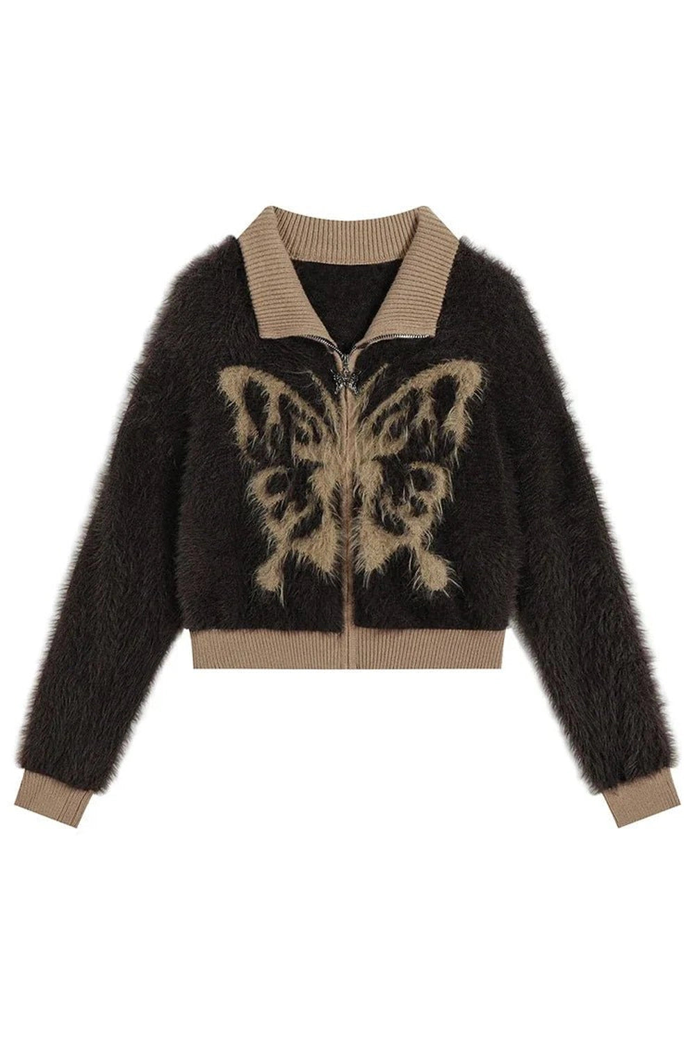 Y2K Fuzzy Butterfly Zip-Up Cardigan - Trendy 2000s Style Fashion