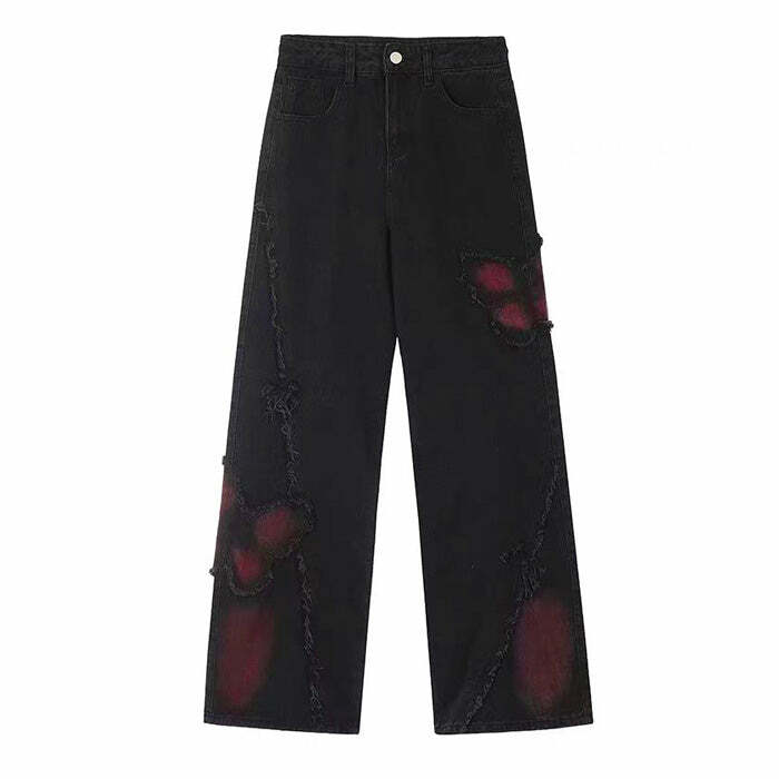 Y2K Grunge Aesthetic Black & Red Butterfly Jeans for Trendy Outfits