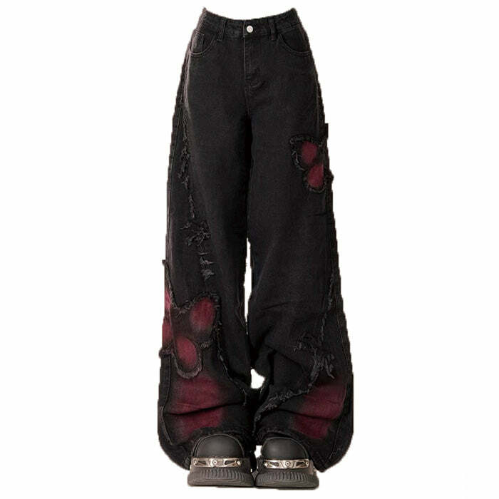 Y2K Grunge Aesthetic Black & Red Butterfly Jeans for Trendy Outfits