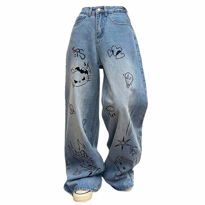 Y2K Grunge Aesthetic Cat Jeans in Blue - 2000s Fashion Trend