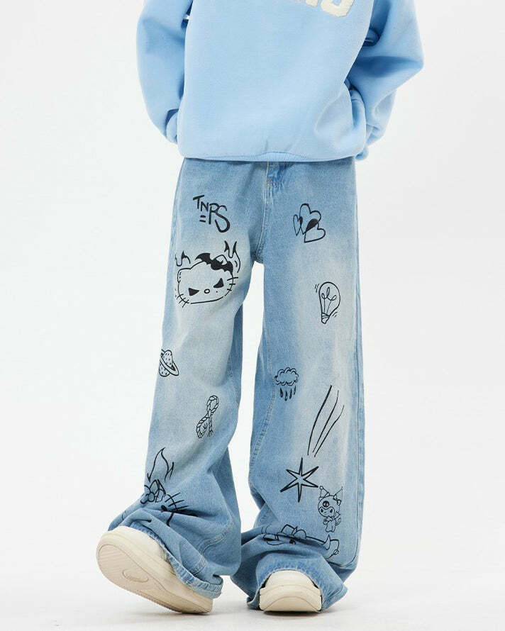 Y2K Grunge Aesthetic Cat Jeans in Blue - 2000s Fashion Trend