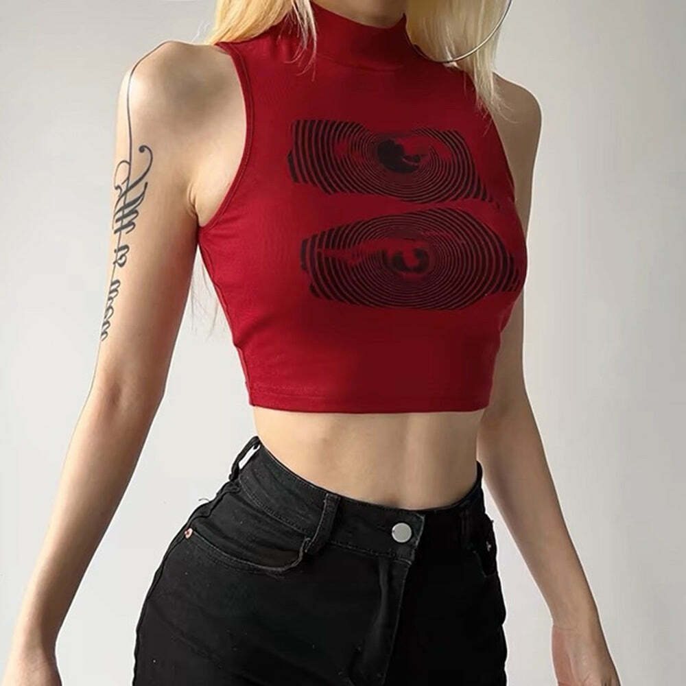 Y2K Grunge Aesthetic Eyes Print Crop Top - Trendy 2000s Style