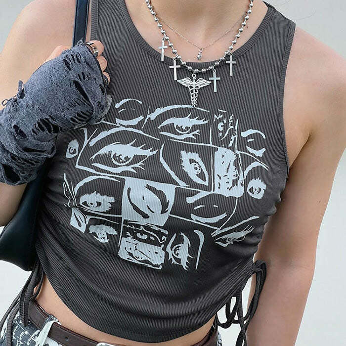 Y2K Grunge Aesthetic Eyes Print Top - Trendy 2000s Style Clothing