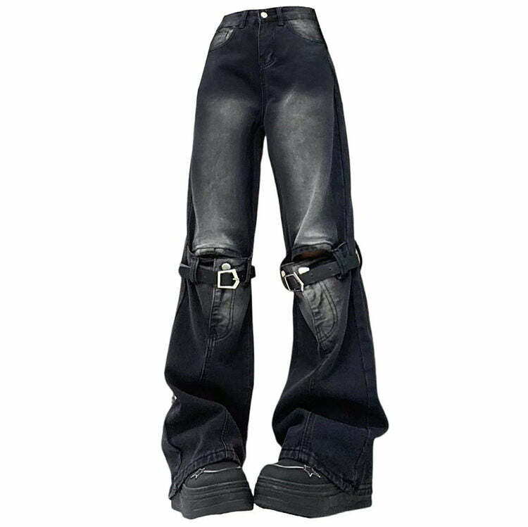 Y2K Grunge Aesthetic Knee Buckle Jeans - Retro 2000s Fashion Style