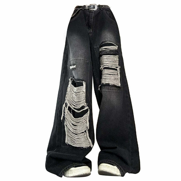 Y2K Grunge Aesthetic Ripped Wide Leg Jeans for Trendy 2000s Style