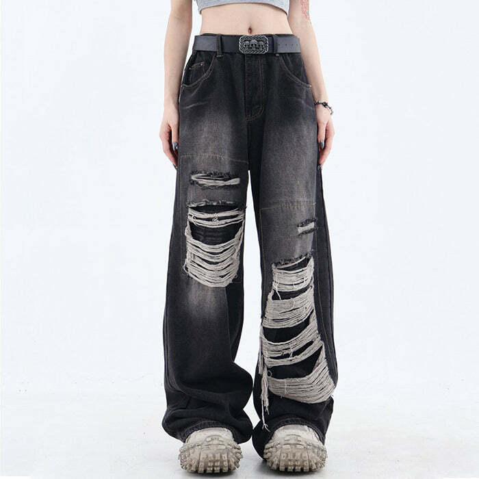 Y2K Grunge Aesthetic Ripped Wide Leg Jeans for Trendy 2000s Style