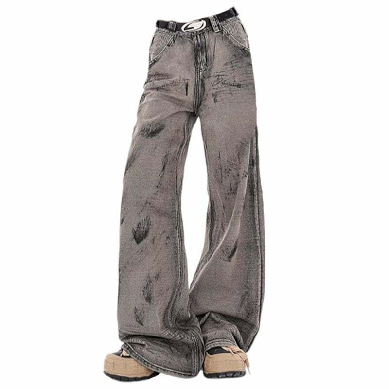 Y2K Grunge Aesthetic Wide-Leg Jeans in Grey - 2000s Fashion Trend