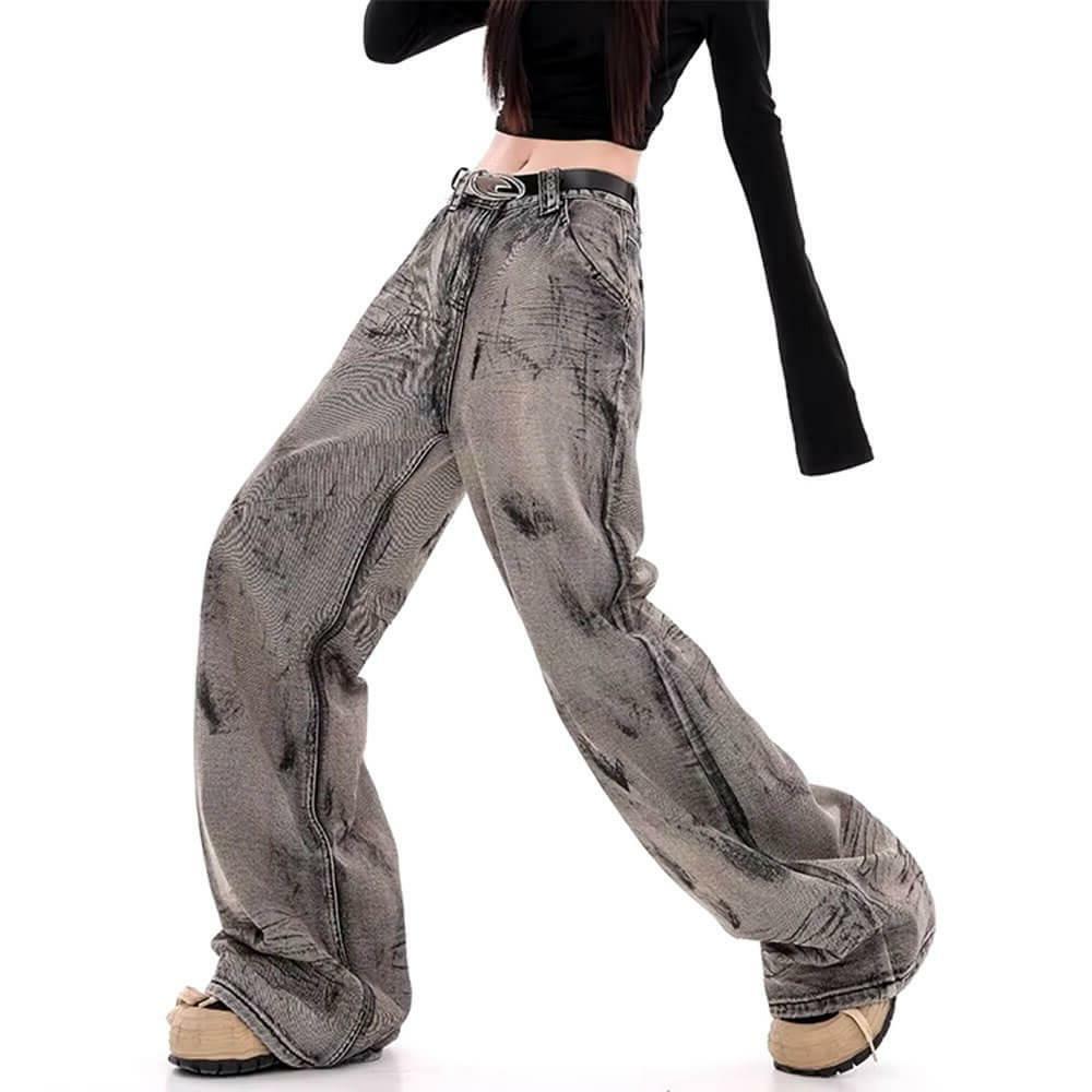 Y2K Grunge Aesthetic Wide-Leg Jeans in Grey - 2000s Fashion Trend