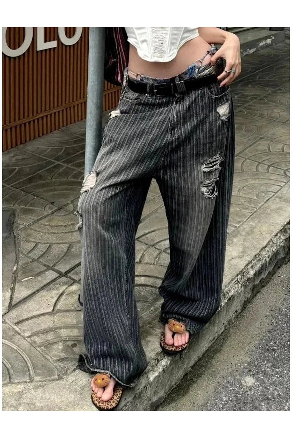 Y2K Grunge Distressed Pinstripe Pants - Retro 2000s Fashion Statement