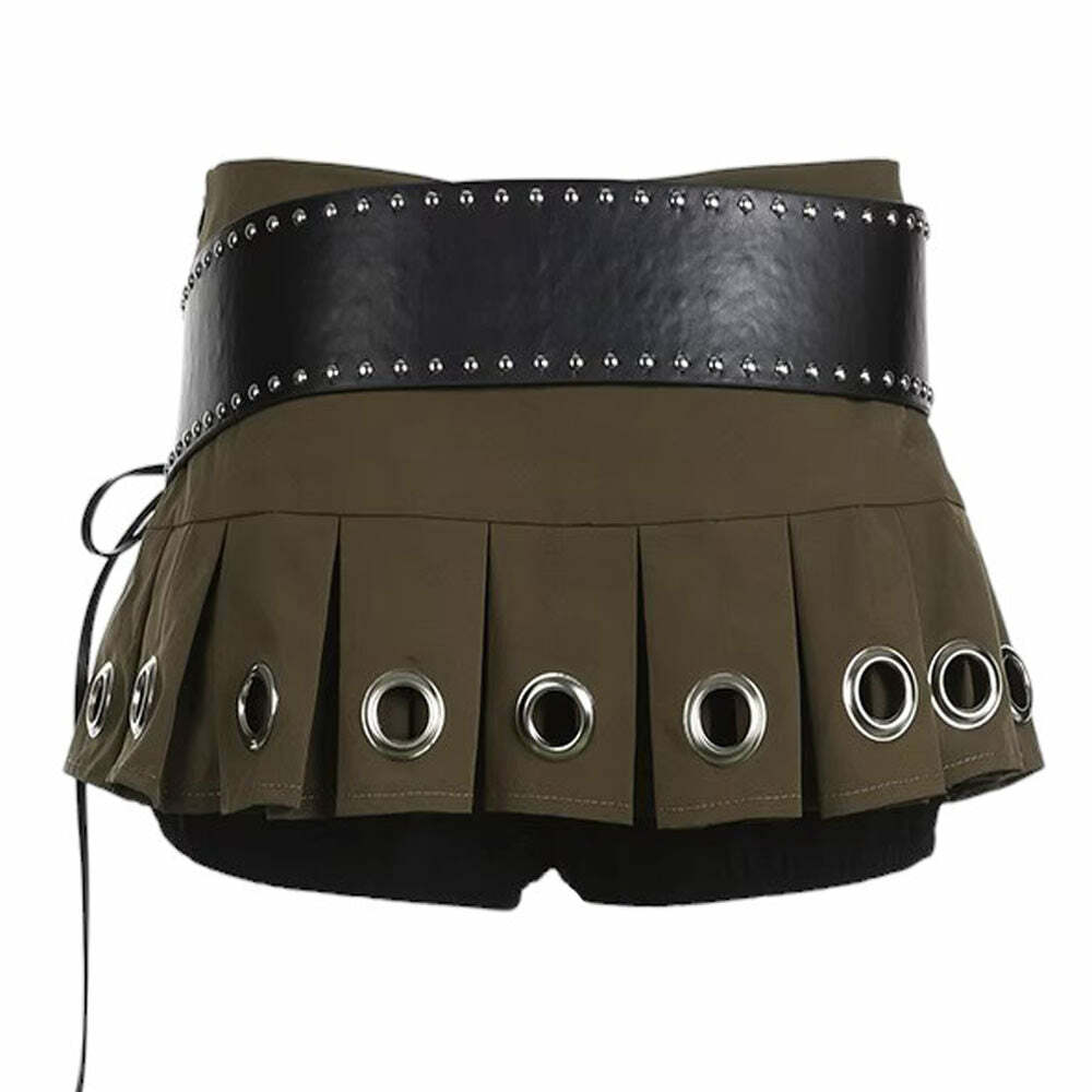 Y2K Grunge Eyelet Pleated Micro Skirt - 2000s Fashion Trend