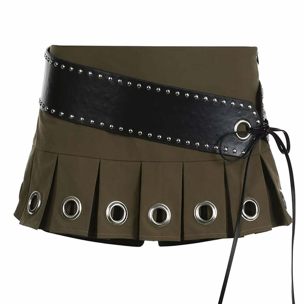 Y2K Grunge Eyelet Pleated Micro Skirt - 2000s Fashion Trend