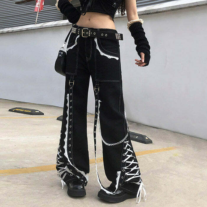 Y2K Grunge Lace-Up Baggy Jeans: Vintage 2000s Style for Trendy Looks