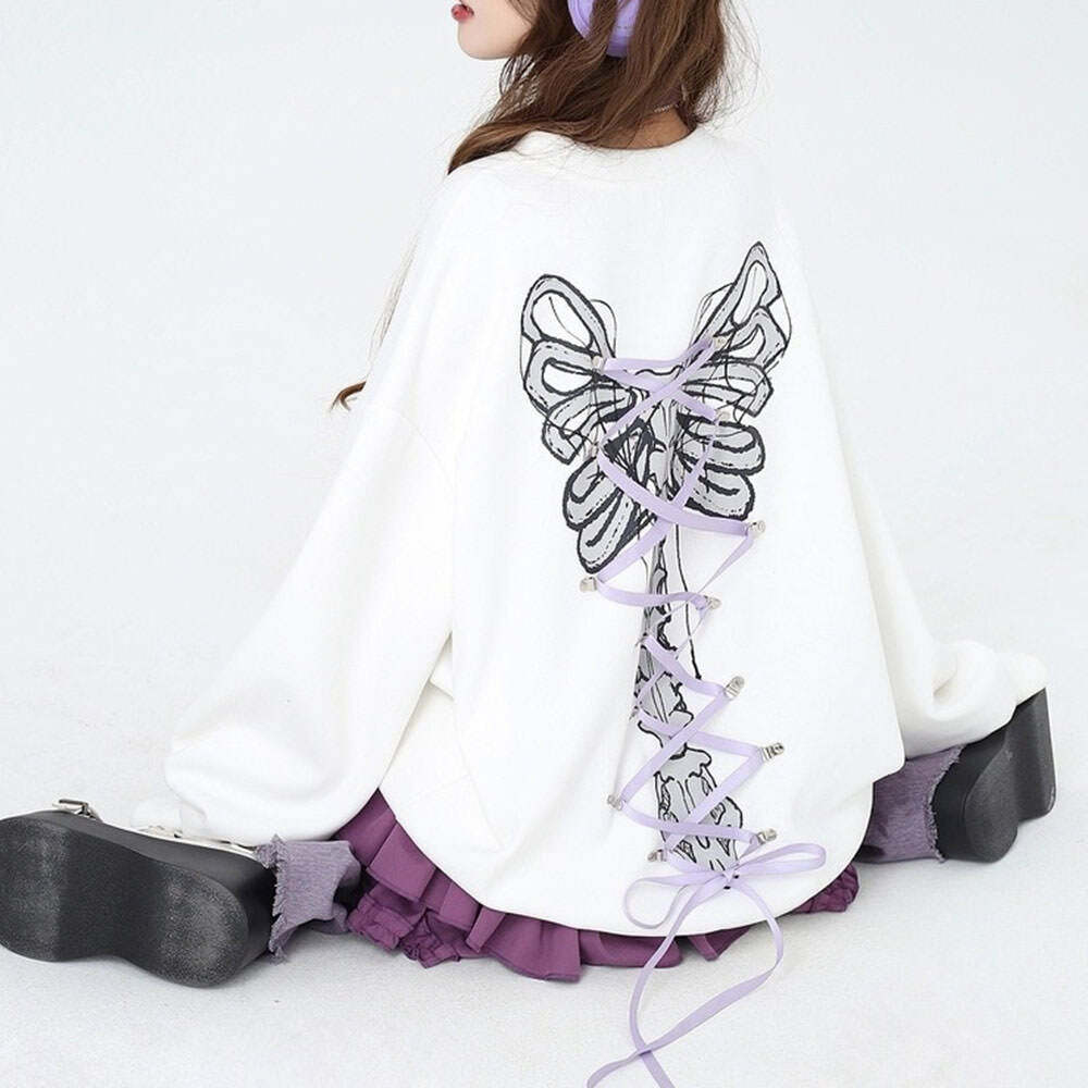 Y2K Grunge Lace-Up Butterfly Skeleton Sweatshirt - 2000s Fashion Trend