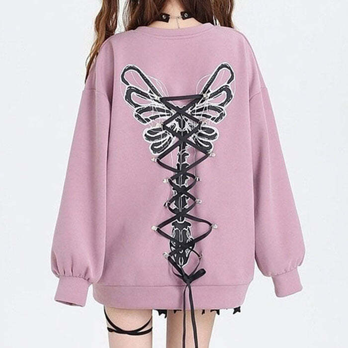 Y2K Grunge Lace-Up Butterfly Skeleton Sweatshirt - 2000s Fashion Trend