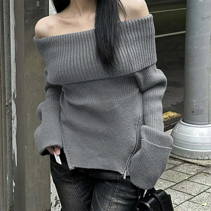 Y2K Grunge Off Shoulder Knit Sweater - 2000s Fashion Aesthetic Top