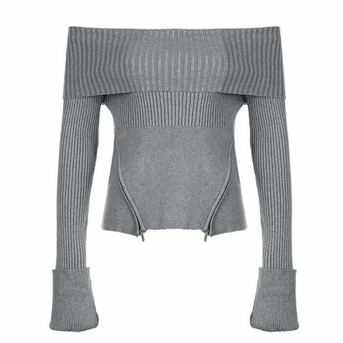 Y2K Grunge Off Shoulder Knit Sweater - 2000s Fashion Aesthetic Top