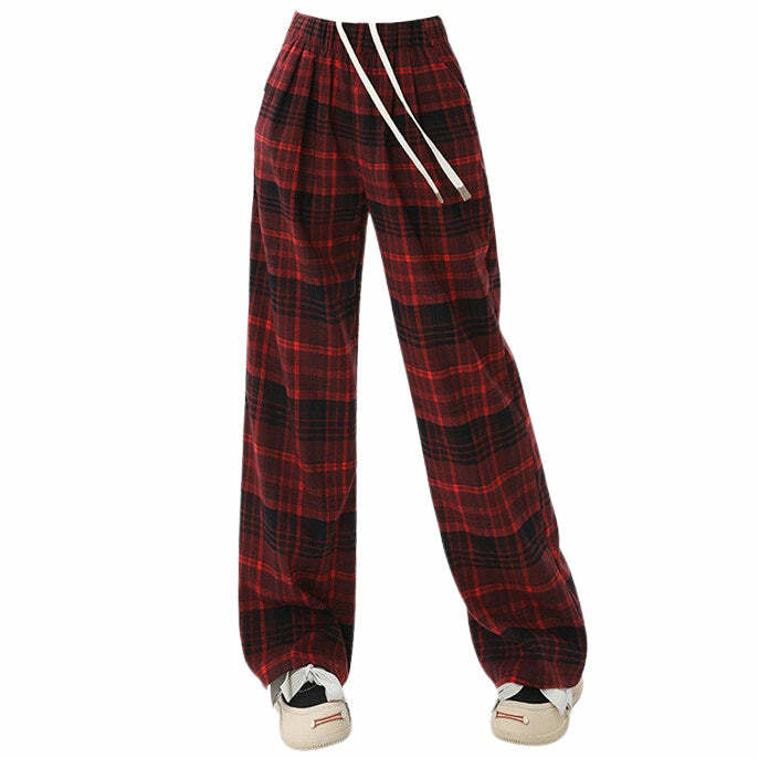 Y2K Grunge Plaid Pants in Red - Trendy 2000s Style for Bold Looks