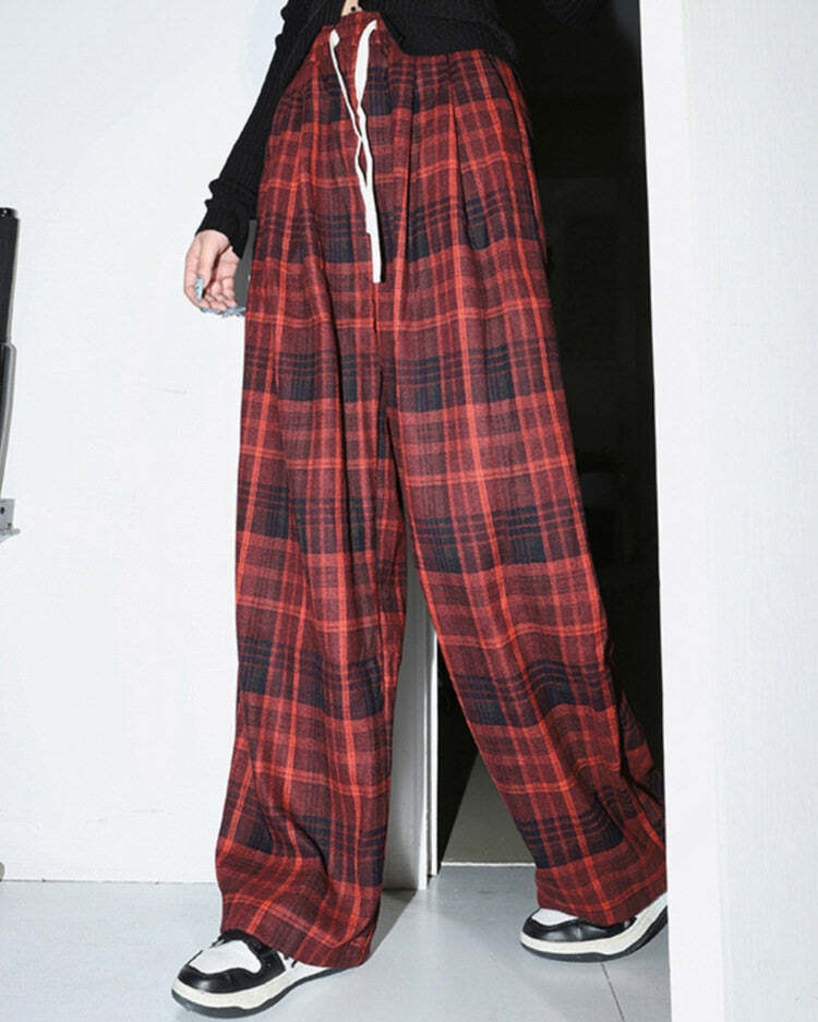 Y2K Grunge Plaid Pants in Red - Trendy 2000s Style for Bold Looks