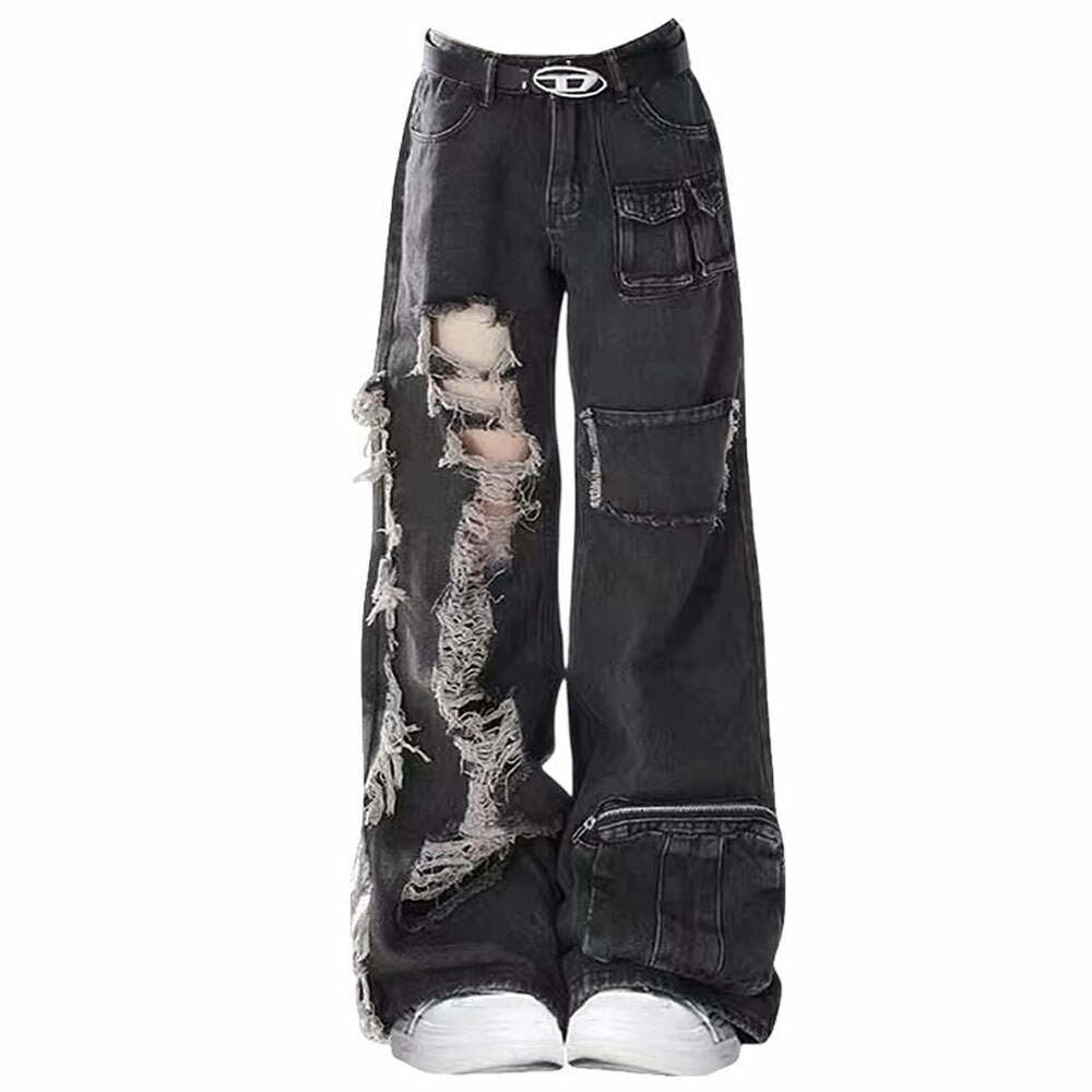 Y2K Grunge Ripped Black Jeans - Trendy 2000s Style for Effortless Looks