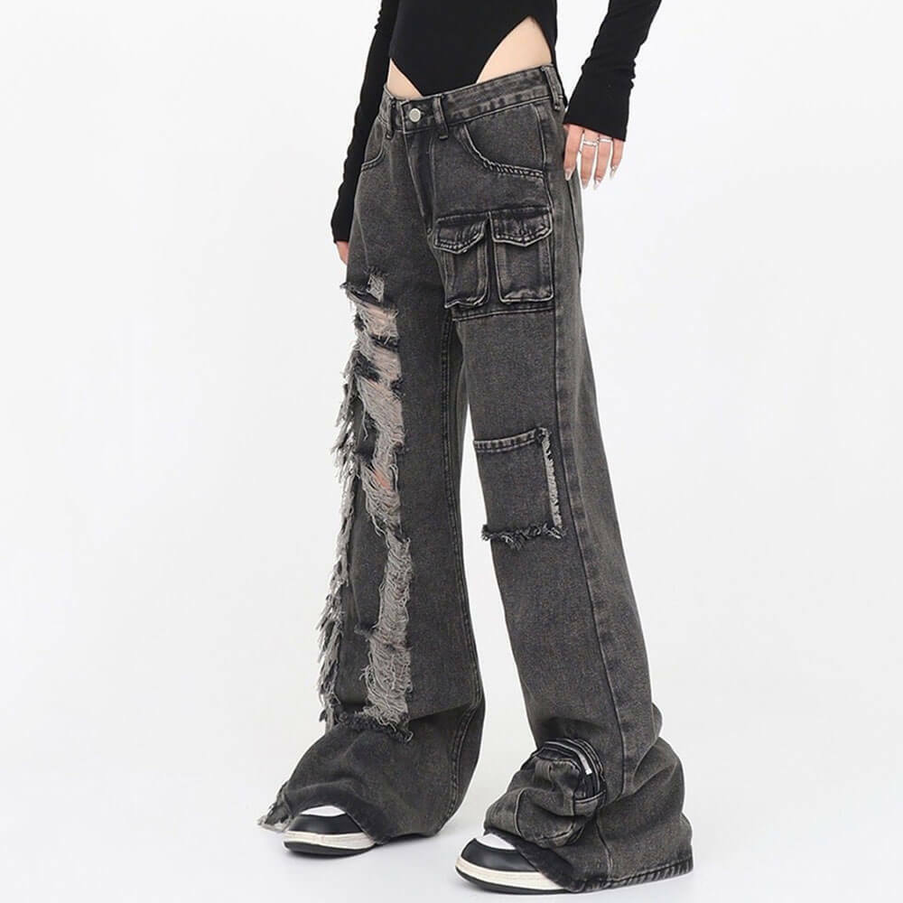 Y2K Grunge Ripped Black Jeans - Trendy 2000s Style for Effortless Looks