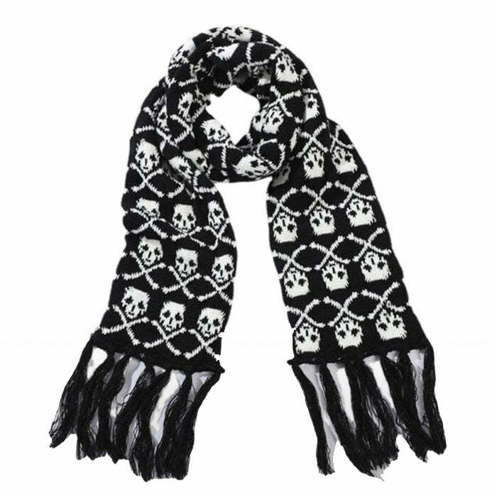 Y2K Grunge Skull Knitted Scarf - Trendy 2000s Fashion Accessory