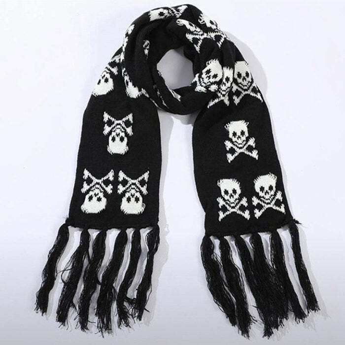 Y2K Grunge Skull Knitted Scarf - Trendy 2000s Fashion Accessory