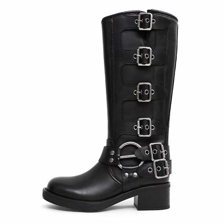 Y2K Grunge Sleaze Buckle Boots - Iconic 2000s Fashion Footwear