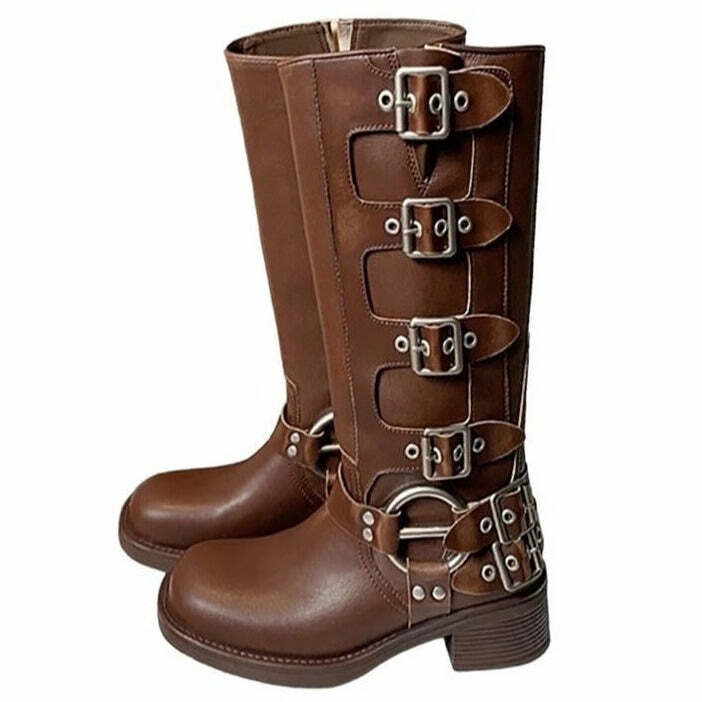 Y2K Grunge Sleaze Buckle Boots - Iconic 2000s Fashion Footwear