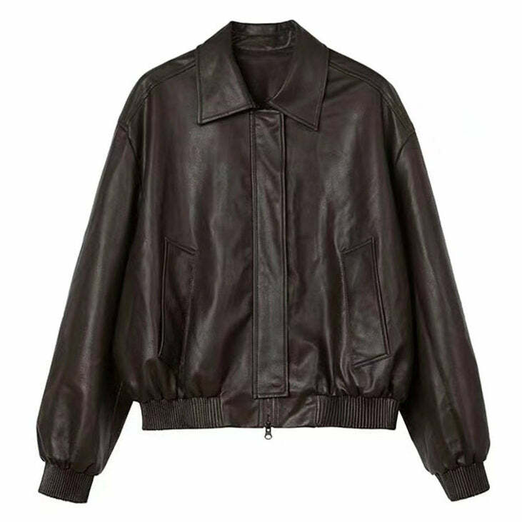 Y2K Grunge Sleaze Leather Bomber Jacket - Retro 2000s Fashion Statement