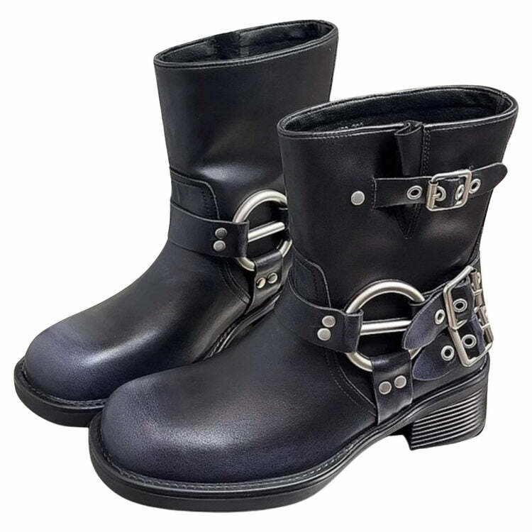 Y2K Grunge Sleaze Motorcycle Buckle Boots - 2000s Fashion Statement