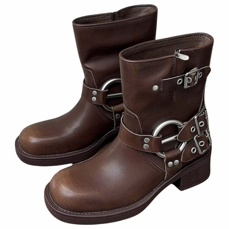 Y2K Grunge Sleaze Motorcycle Buckle Boots - 2000s Fashion Statement