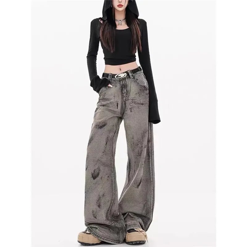 Y2K Grunge Splatter Wide-Leg Jeans - Retro 2000s Fashion Statement