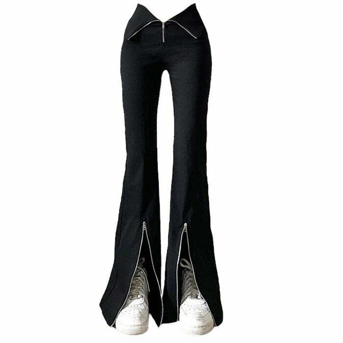 Y2K Grunge Zip-Up Flared Pants - Retro 2000s Fashion Statement