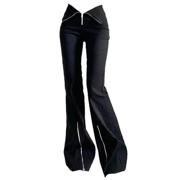 Y2K Grunge Zip-Up Flared Pants - Retro 2000s Fashion Statement