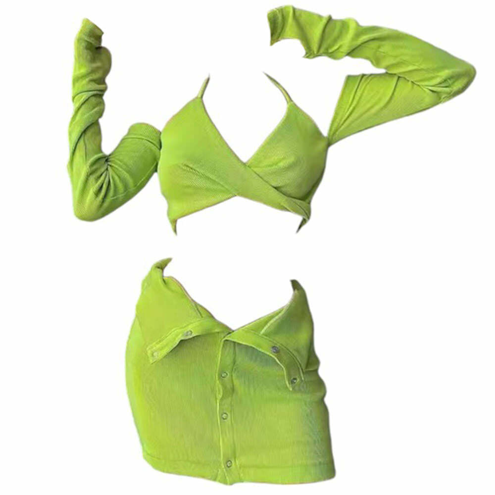 Y2K Halter Top Set with Gloves & Skirt - Trendy 2000s Fashion Outfit