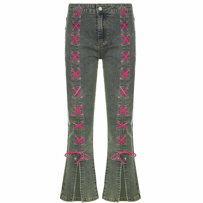 Y2K Lace Up Jeans: Trendy 2000s Fashion for a Chic Y2K Aesthetic