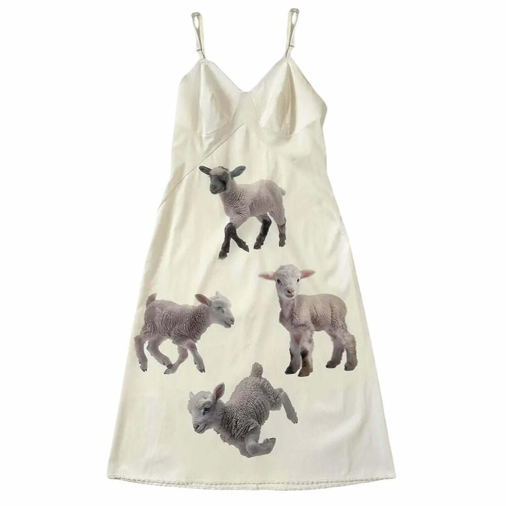 Y2K Lambs Print Slip Dress - Trendy 2000s Fashion for a Chic Look