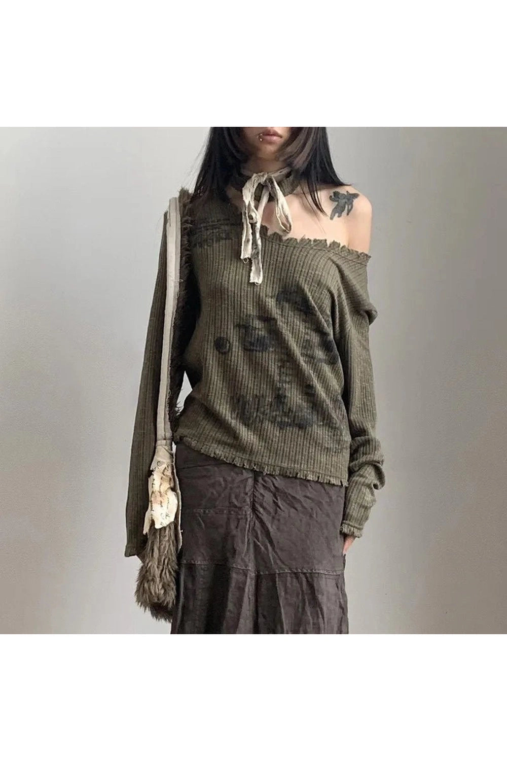 Y2K Off-Shoulder Grunge Print Sweater - Retro 2000s Fashion Top