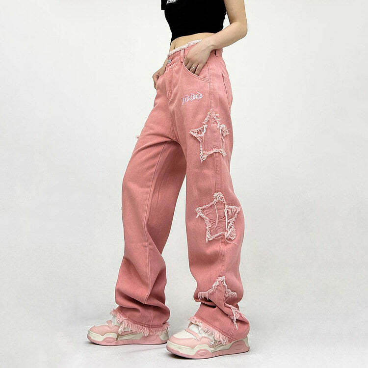 Y2K Pink Star Jeans: Trendy 2000s Fashion for a Bold Y2K Aesthetic