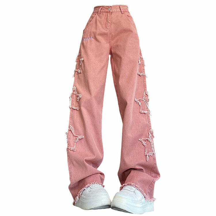 Y2K Pink Star Jeans: Trendy 2000s Fashion for a Bold Y2K Aesthetic