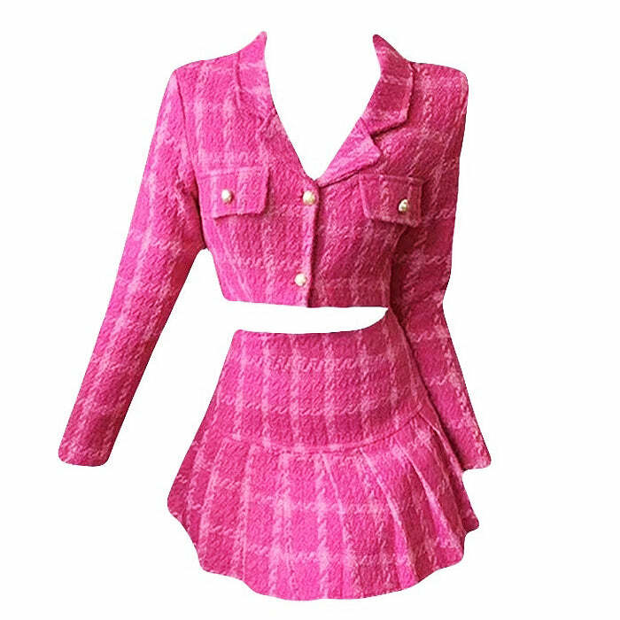 Y2K Pink Tweed Jacket & Skirt Co-Ord Set | Trendy 2000s Fashion Outfit