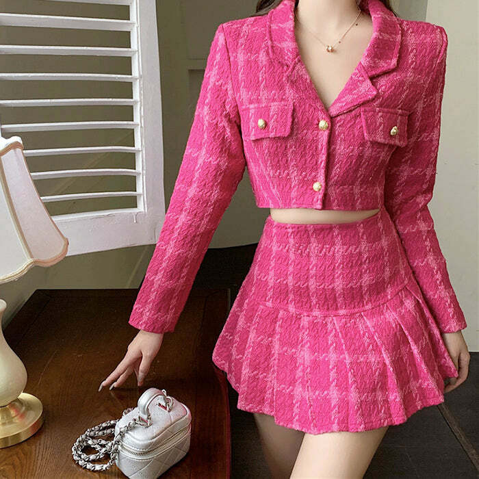 Y2K Pink Tweed Jacket & Skirt Co-Ord Set | Trendy 2000s Fashion Outfit