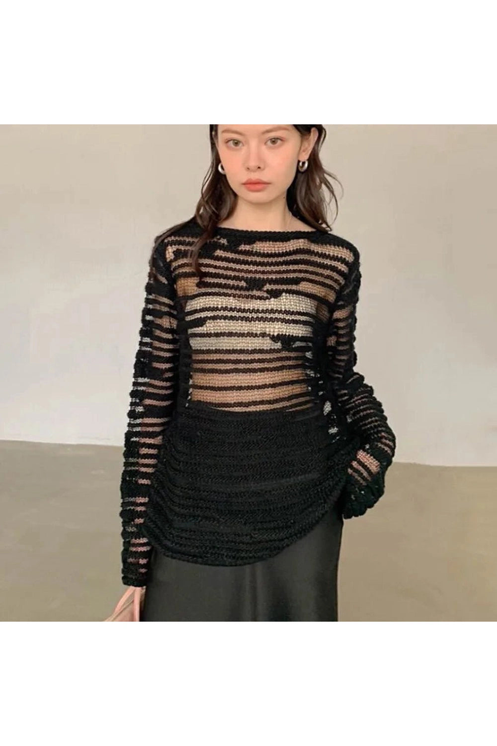 Y2K Sheer Shadow Striped Knit Top - Trendy 2000s Style Fashion Piece