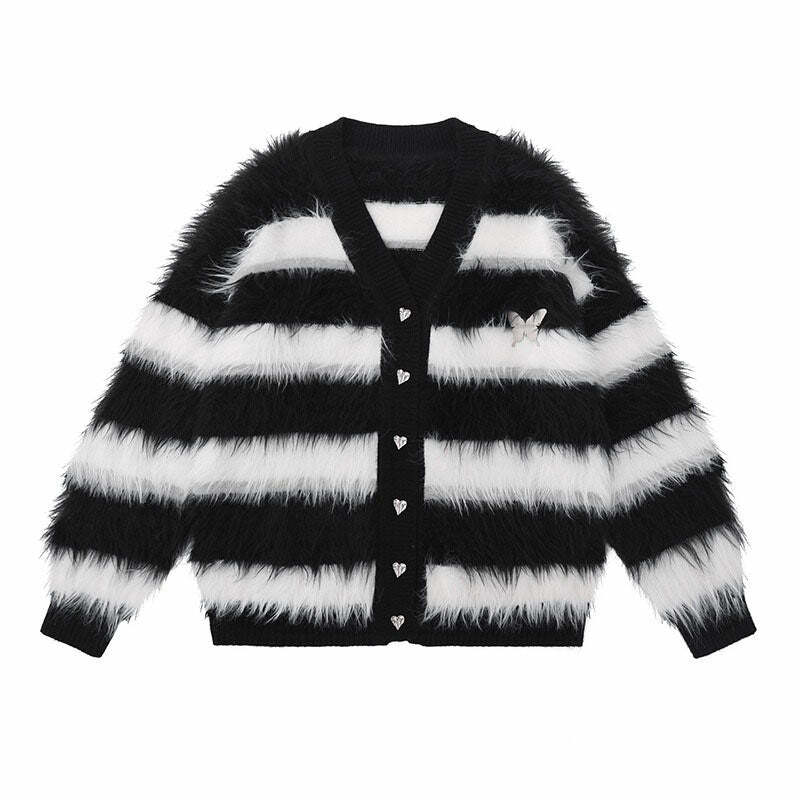 Y2K Striped Fuzzy Butterfly Cardigan - Trendy 2000s Style Layering